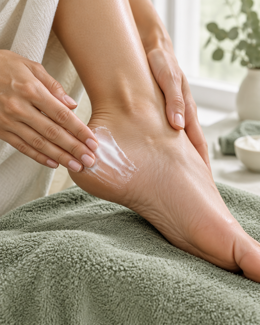 Application de crème hydratante sur le talon